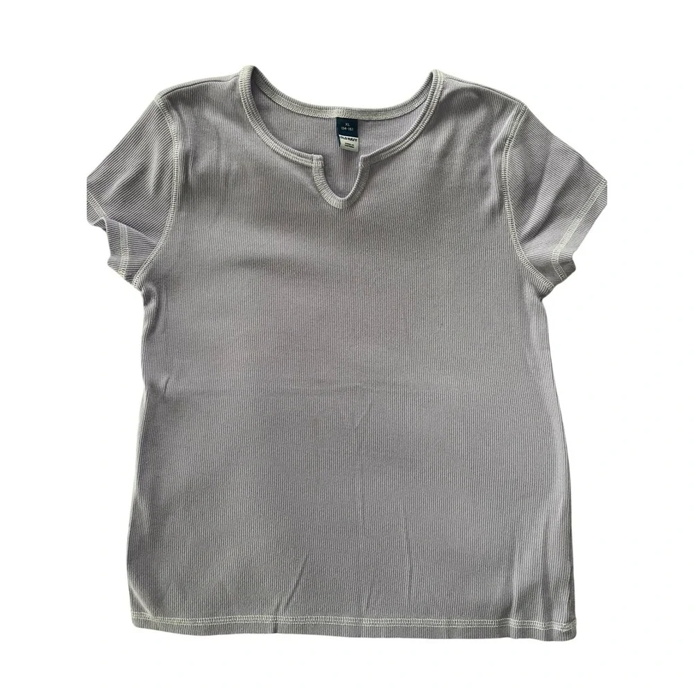 Old Navy Girls XL 14-16 Ribbed Short Sleeve Split Neck Tee Lavender Purple Shirt